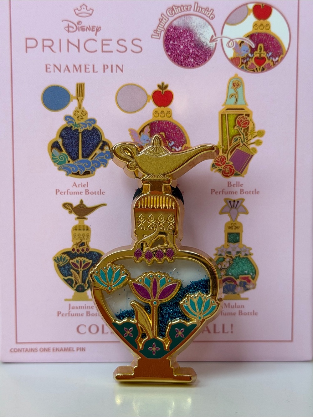 BoxLunch Disney Princess Jasmine Pin Perfume Bottle Liquid Glitter w/ OG Box
